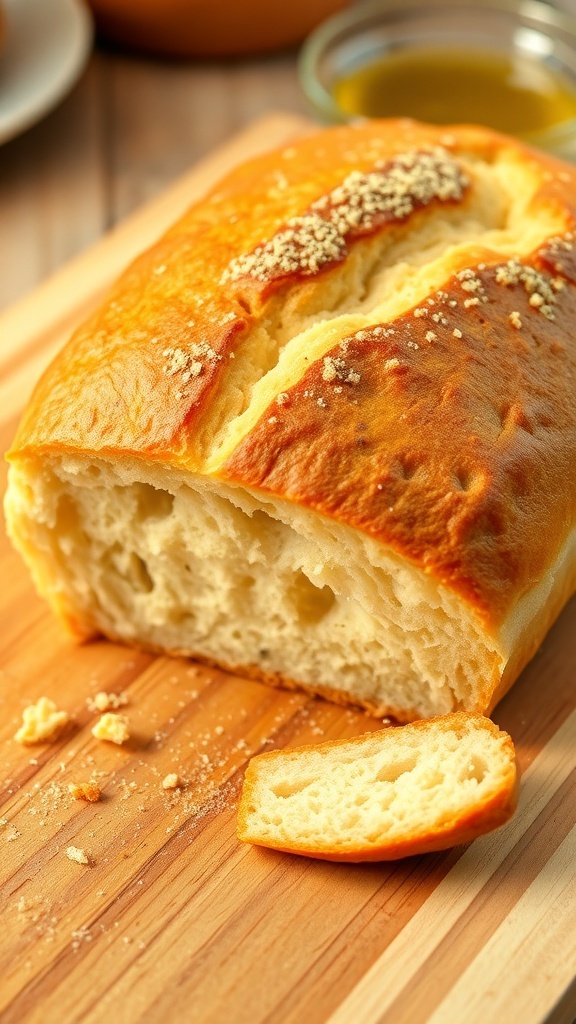 A golden brown homemade yeast bread loaf sliced on a wooden board with olive oil in the background.